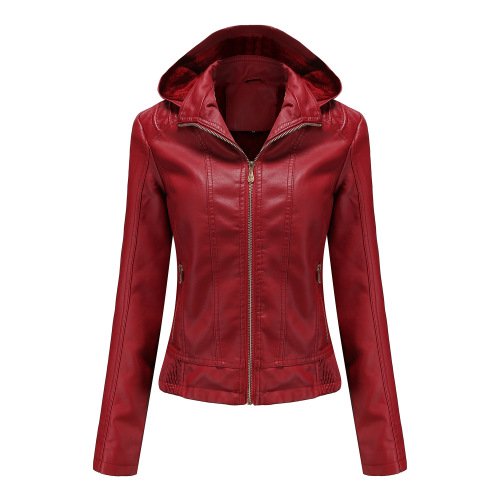 hooded fur lining winter women PU jacket motorcycle bike leather jacket