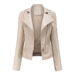 rivet shoulder open collar fashion women PU jacket autumn polish faux leather outer jacket