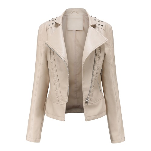 rivet shoulder open collar fashion women PU jacket autumn polish faux leather outer jacket