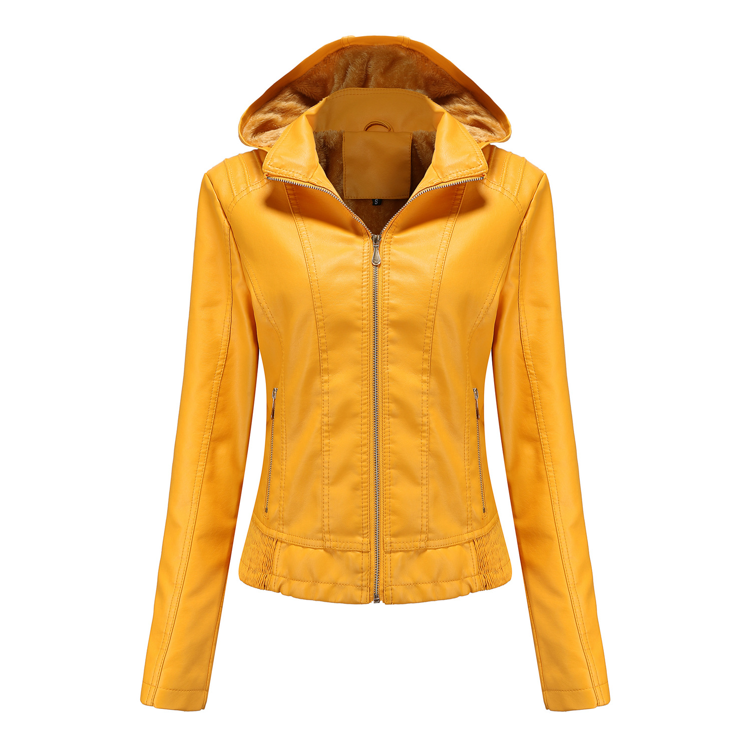 hooded fur lining winter women PU jacket motorcycle bike leather jacket