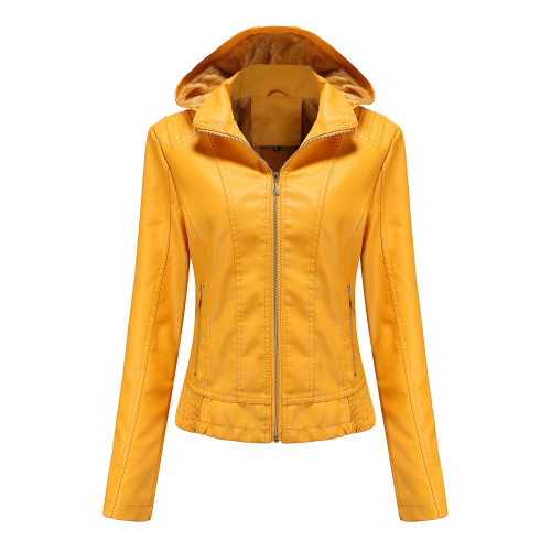 hooded fur lining winter women PU jacket motorcycle bike leather jacket