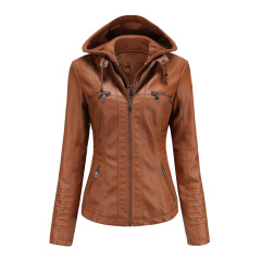 detachable knitted hood women PU jacket zipper pocket polish faux leather autumn outerwear