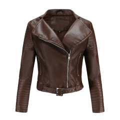cropped adjustable waist women bike jacket full zipper faux leather PU jacket
