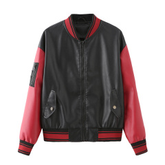 patchwork unisex PU college jacket faux leather bomber jacket school uniform