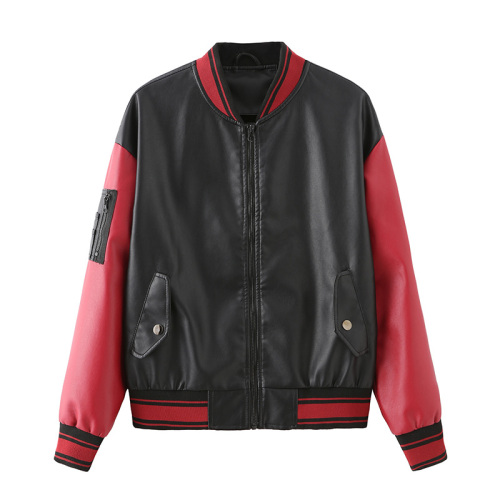 patchwork unisex PU college jacket faux leather bomber jacket school uniform