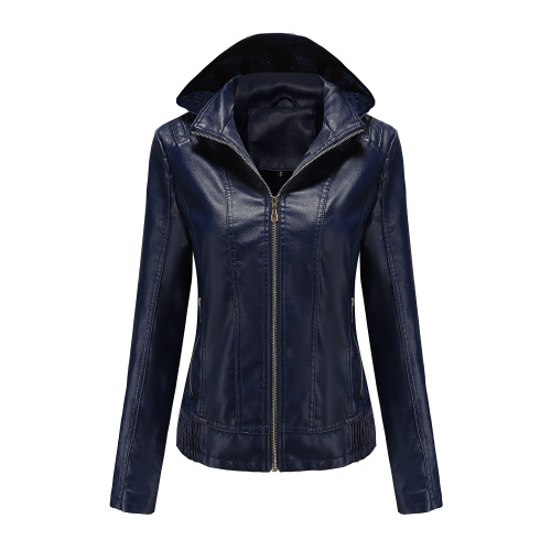 hooded fur lining winter women PU jacket motorcycle bike leather jacket