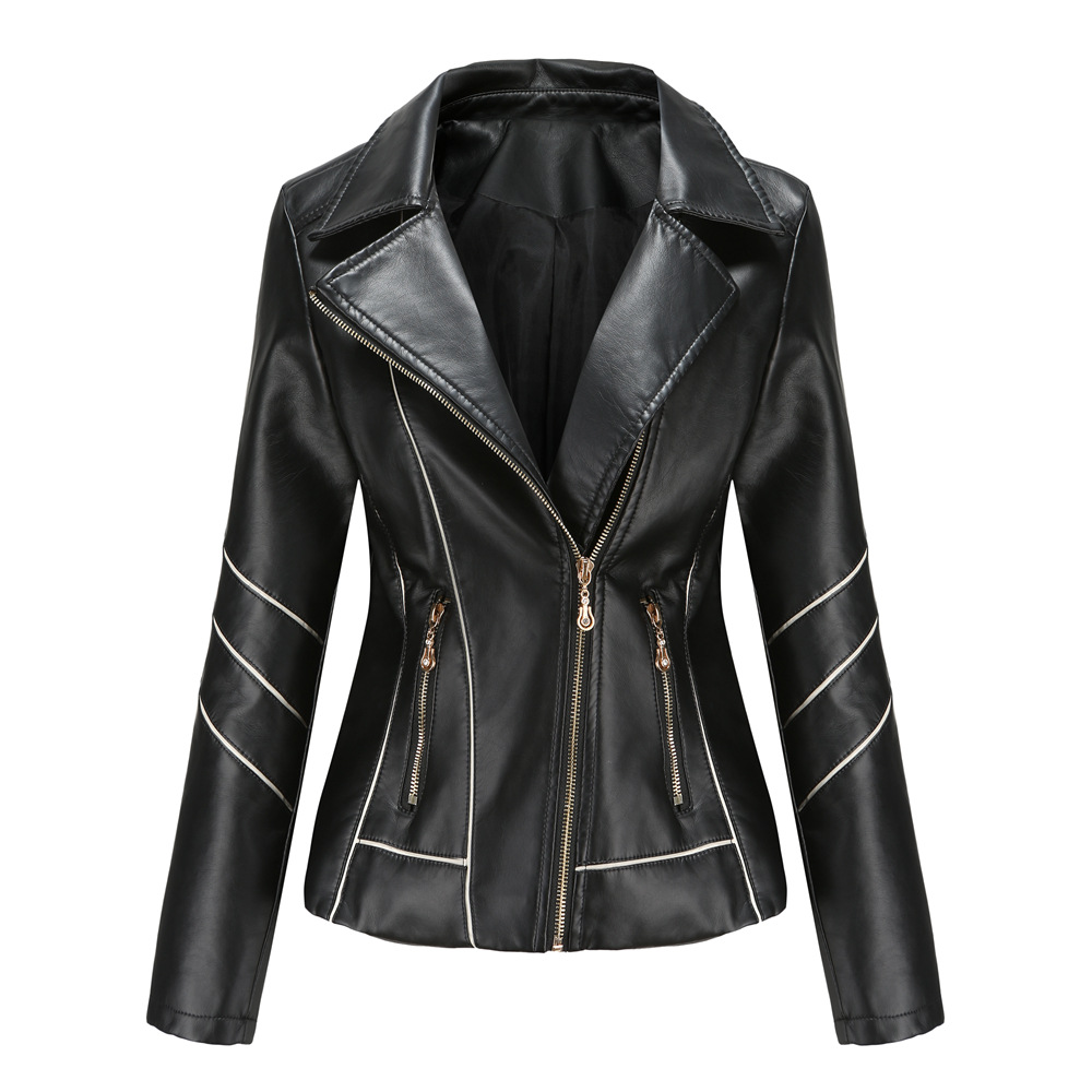 striped contrasted color fashion women PU jacket zipper pocket faux leather outer jacket