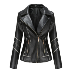 striped contrasted color fashion women PU jacket zipper pocket faux leather outer jacket
