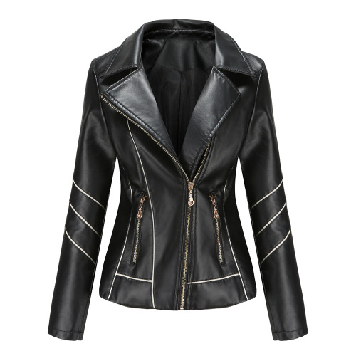 striped contrasted color fashion women PU jacket zipper pocket faux leather outer jacket