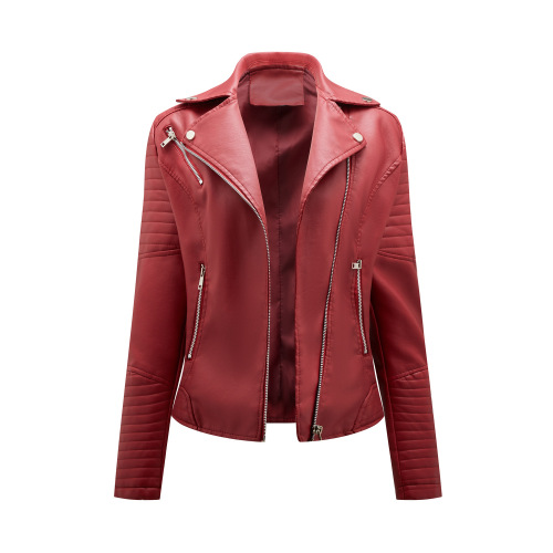 quilted sleeve zipper pocket polish bright PU autumn jacket motorcycle lady faux leather jacket