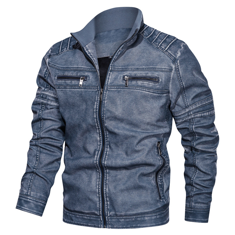 retro brogue mens fur lined winter faux leather PU jacket zipper up motorcycle jacket