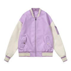 patchwork unisex PU college jacket faux leather bomber jacket school uniform
