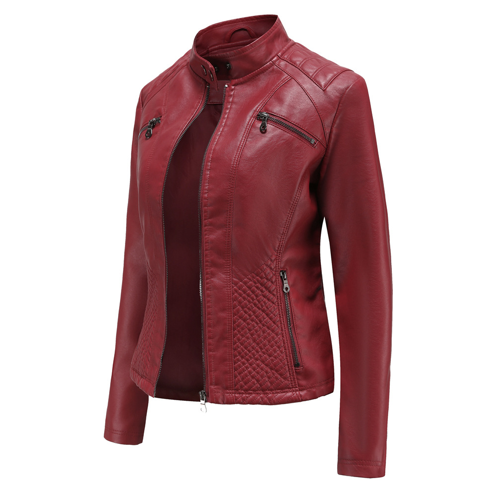 quilted body zipper pocket polish PU women jacket autumn lady faux leather jacket