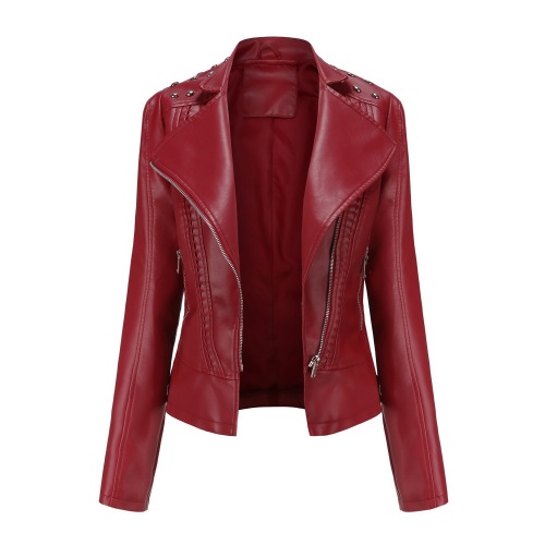 rivet shoulder open collar fashion women PU jacket autumn polish faux leather outer jacket