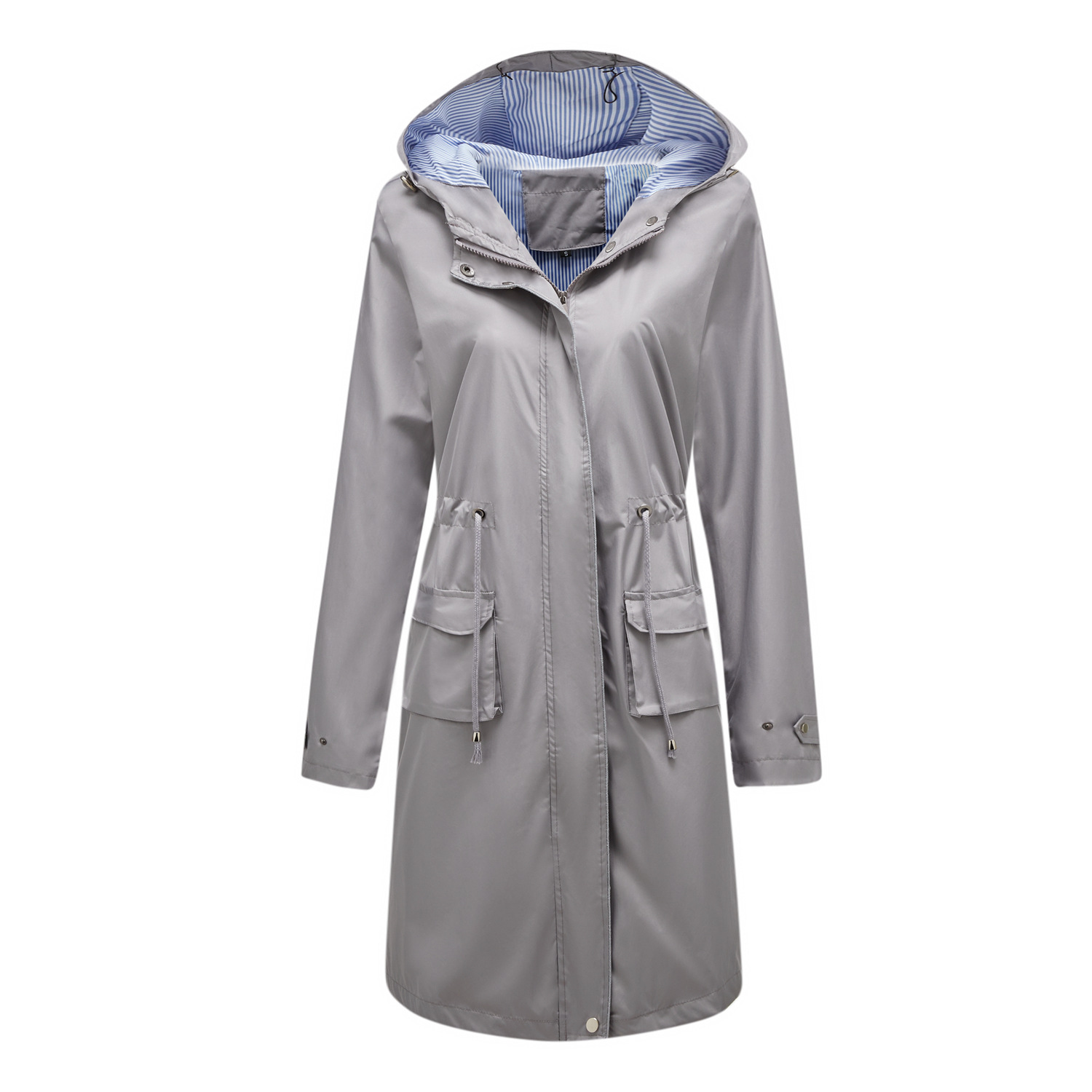 color blocked striped lining cover long women trench coat hooded zipper autumn windbreaker jacket