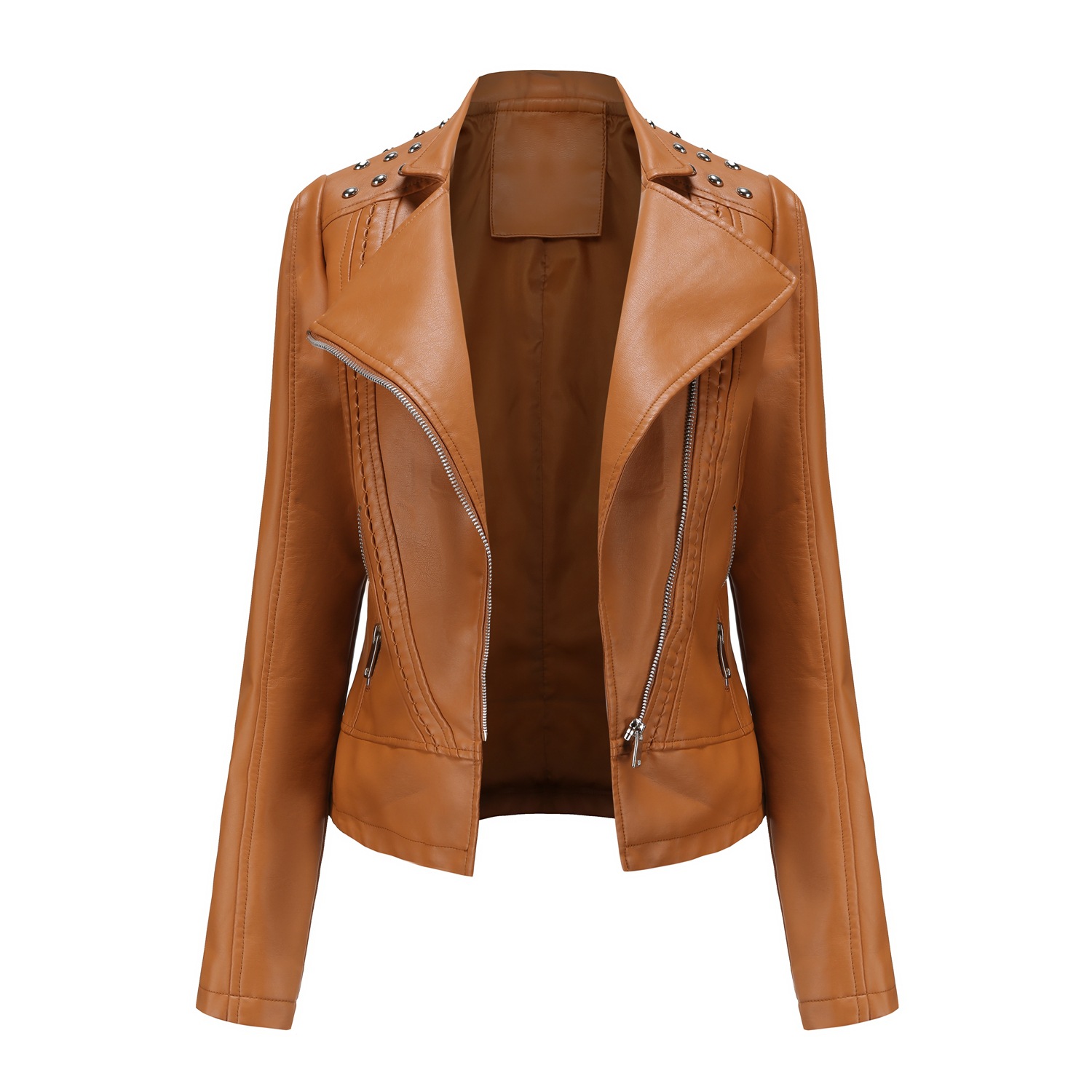 rivet shoulder open collar fashion women PU jacket autumn polish faux leather outer jacket