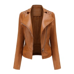 rivet shoulder open collar fashion women PU jacket autumn polish faux leather outer jacket