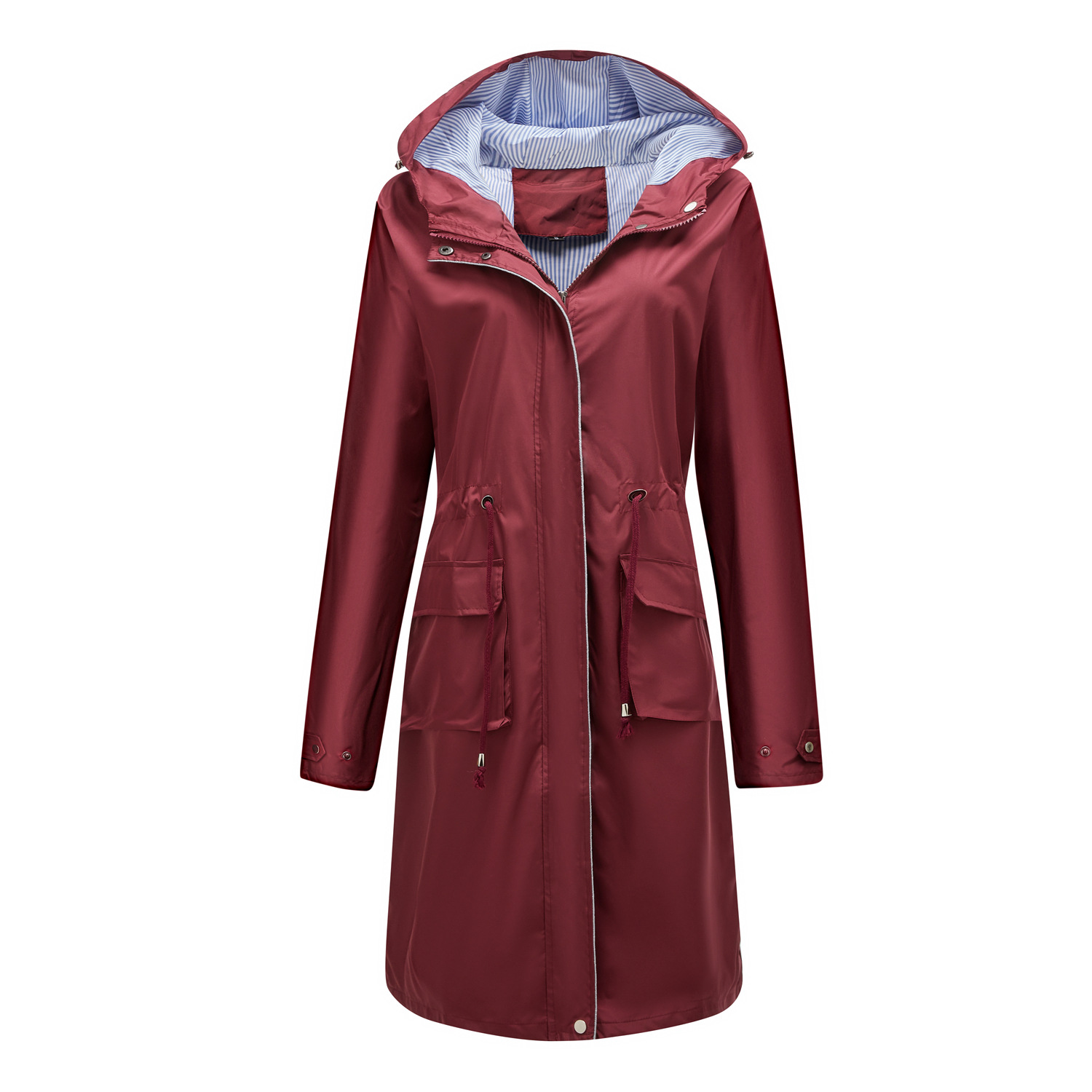 color blocked striped lining cover long women trench coat hooded zipper autumn windbreaker jacket