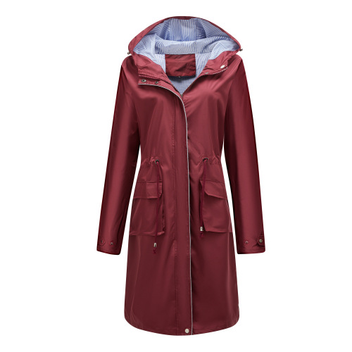 color blocked striped lining cover long women trench coat hooded zipper autumn windbreaker jacket
