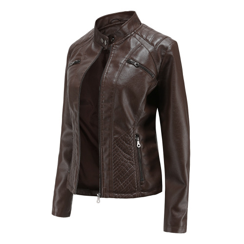 quilted body zipper pocket polish PU women jacket autumn lady faux leather jacket