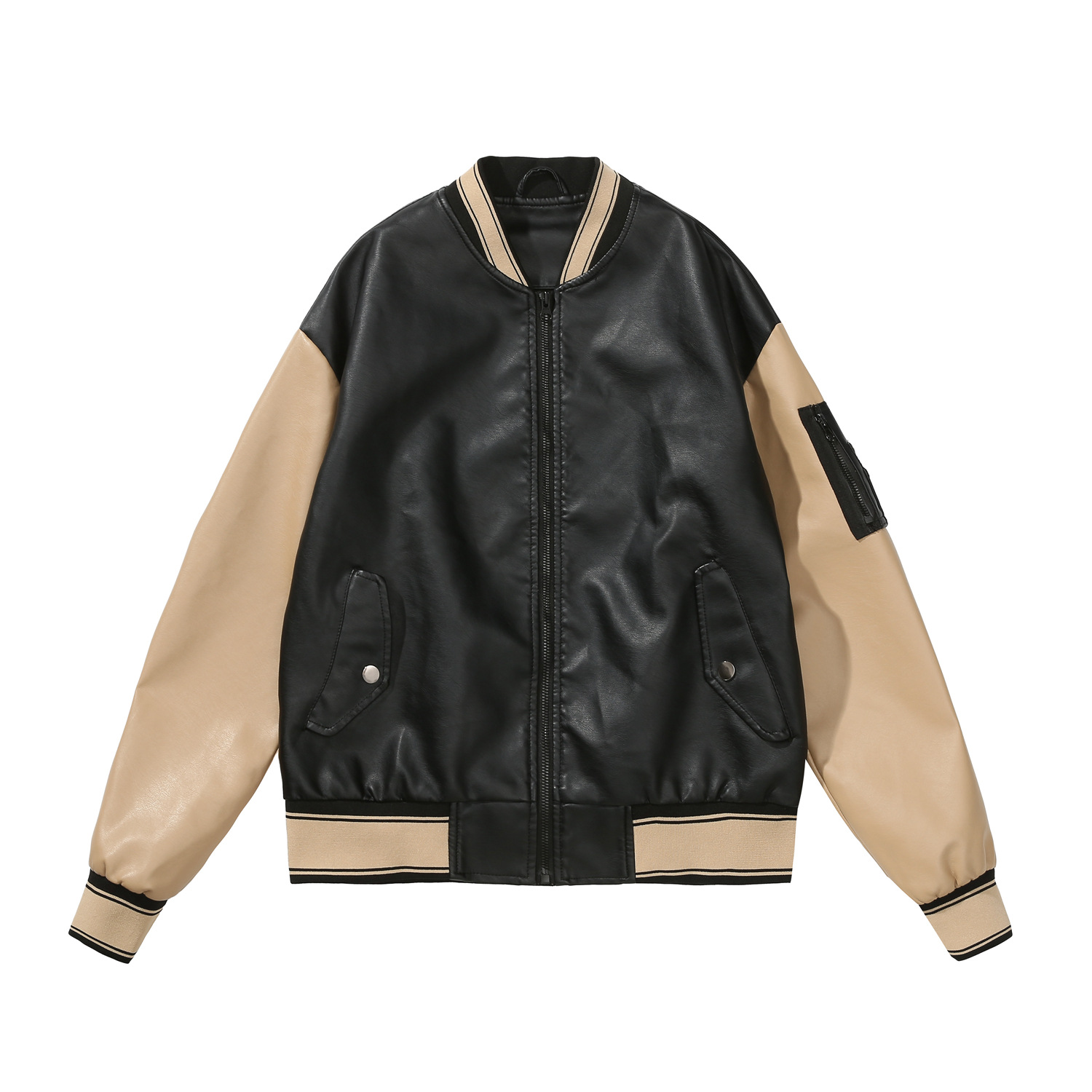 patchwork unisex PU college jacket faux leather bomber jacket school uniform