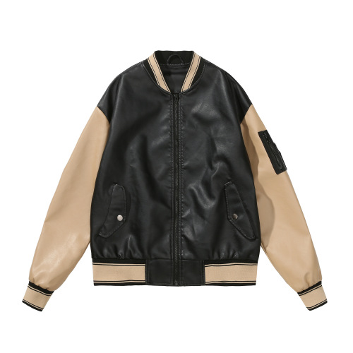 patchwork unisex PU college jacket faux leather bomber jacket school uniform
