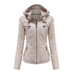 detachable knitted hood women PU jacket zipper pocket polish faux leather autumn outerwear