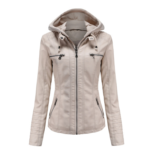 detachable knitted hood women PU jacket zipper pocket polish faux leather autumn outerwear