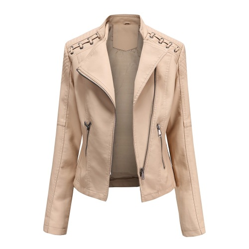 eyelet strap decoration shoulder women PU jacket fashion faux leather lady jacket