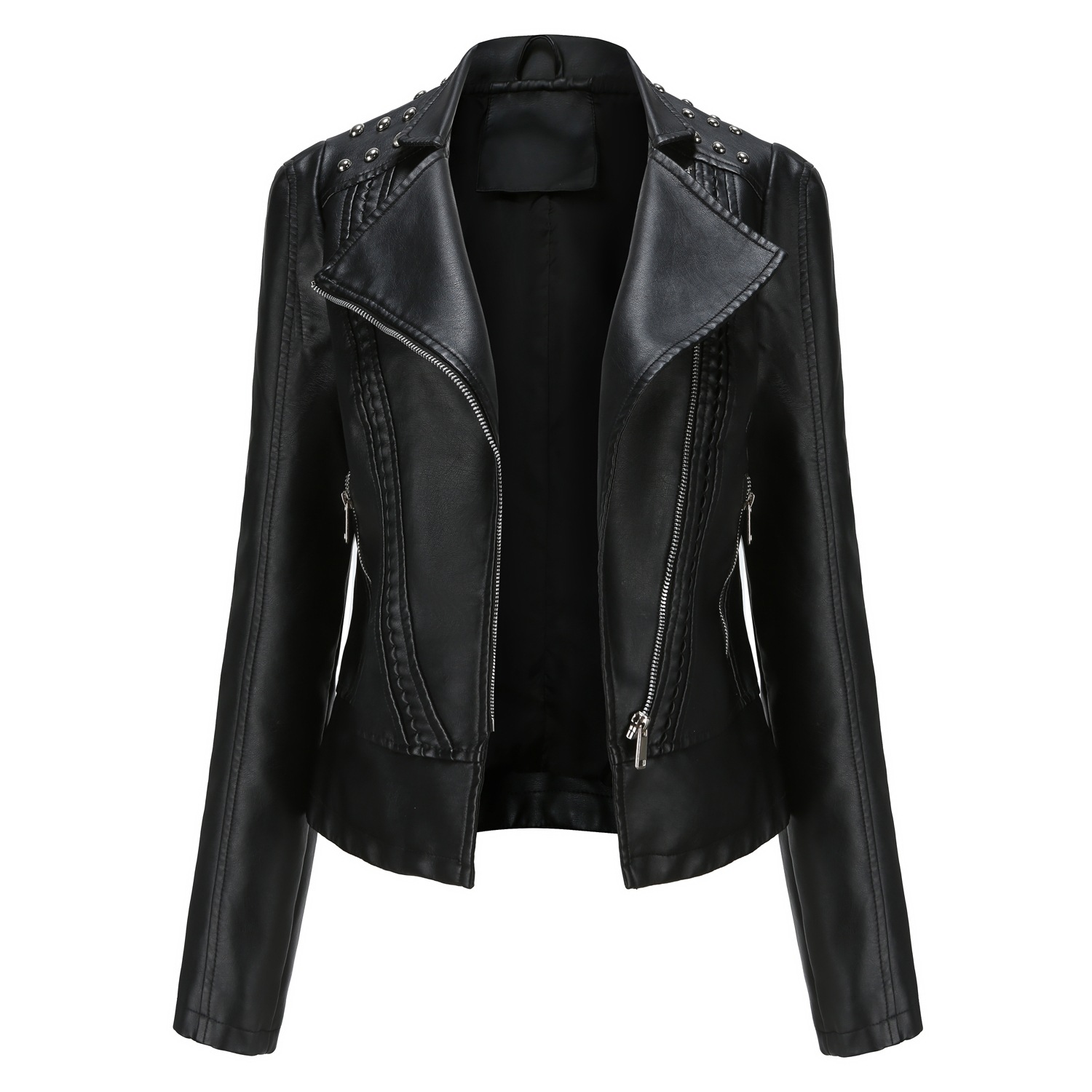 rivet shoulder open collar fashion women PU jacket autumn polish faux leather outer jacket