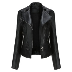 rivet shoulder open collar fashion women PU jacket autumn polish faux leather outer jacket