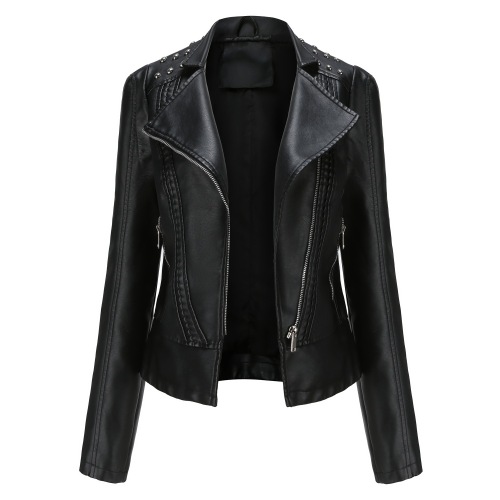 rivet shoulder open collar fashion women PU jacket autumn polish faux leather outer jacket