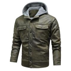 hooded motorcycle jacket retro suede mens fur lined zipper up winter faux leather PU jacket