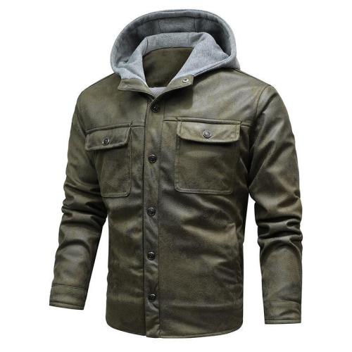 hooded motorcycle jacket retro suede mens fur lined zipper up winter faux leather PU jacket