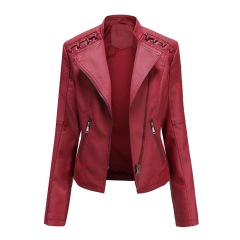 eyelet strap decoration shoulder women PU jacket fashion faux leather lady jacket