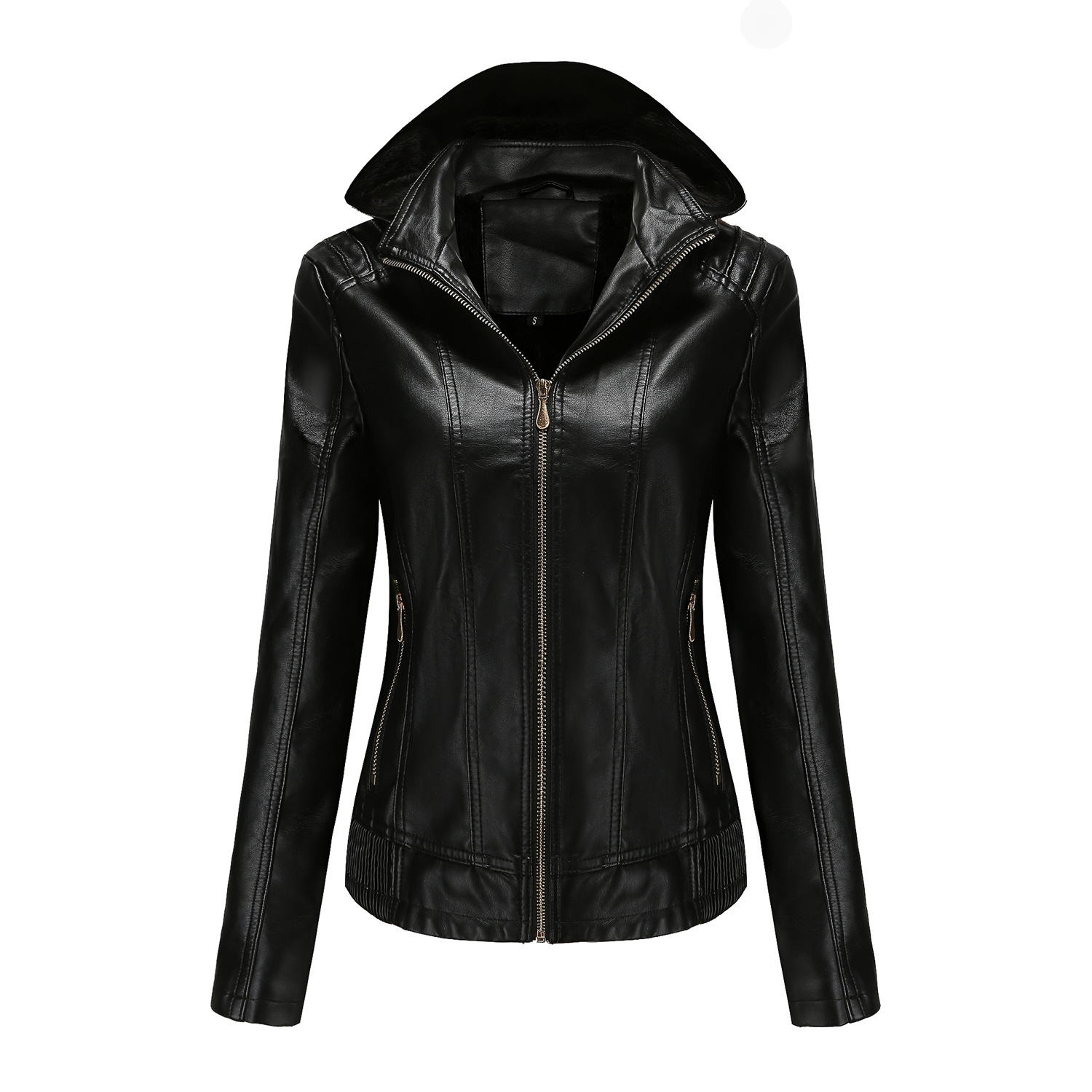 hooded fur lining winter women PU jacket motorcycle bike leather jacket