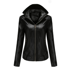 hooded fur lining winter women PU jacket motorcycle bike leather jacket