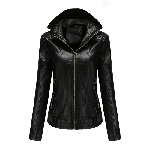 hooded fur lining winter women PU jacket motorcycle bike leather jacket