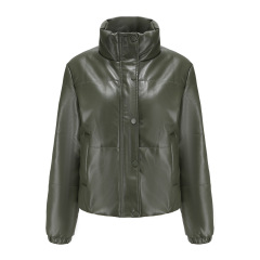 lady stand collar cropped polish pu jacket winter cotton padding faux leather puffer jacket