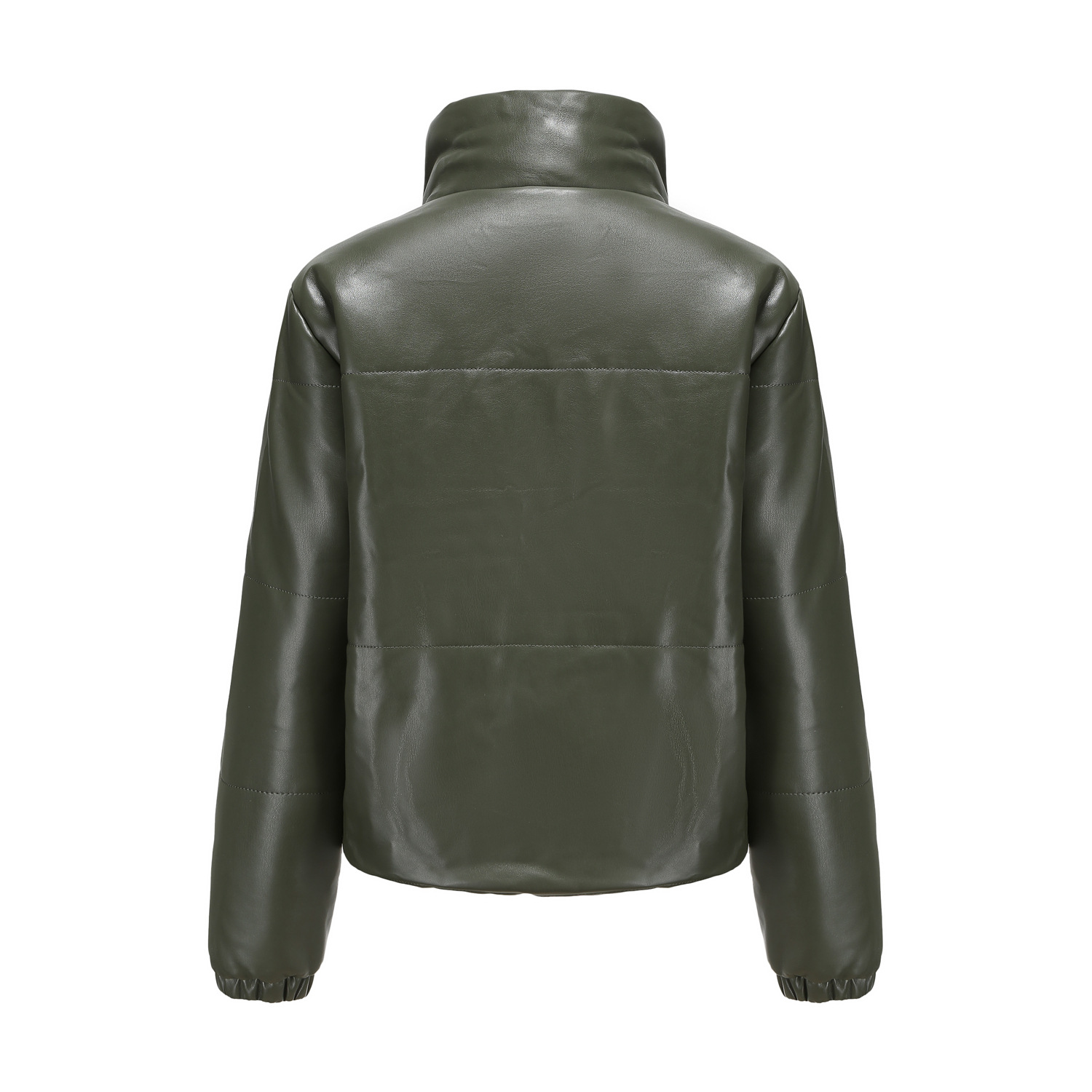 lady stand collar cropped polish pu jacket winter cotton padding faux leather puffer jacket