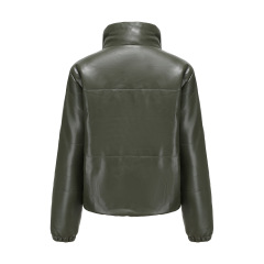 lady stand collar cropped polish pu jacket winter cotton padding faux leather puffer jacket