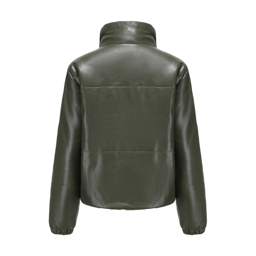 lady stand collar cropped polish pu jacket winter cotton padding faux leather puffer jacket