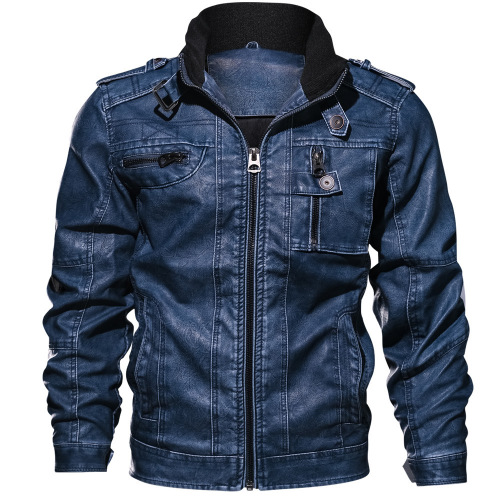 washing garment PU motorcycle jacket stand collar winter fur lined faux leather jacket
