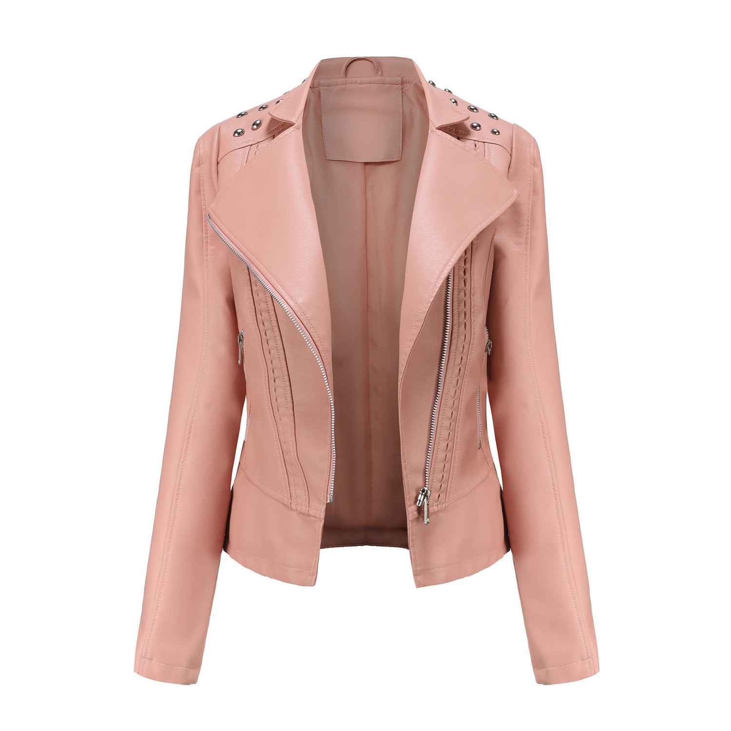 rivet shoulder open collar fashion women PU jacket autumn polish faux leather outer jacket