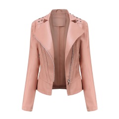 rivet shoulder open collar fashion women PU jacket autumn polish faux leather outer jacket