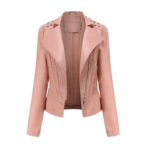 rivet shoulder open collar fashion women PU jacket autumn polish faux leather outer jacket
