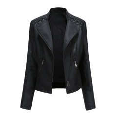 eyelet strap decoration shoulder women PU jacket fashion faux leather lady jacket