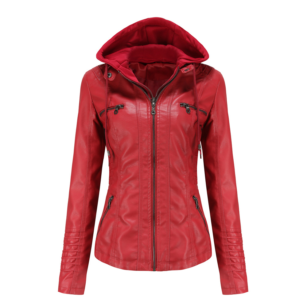 detachable knitted hood women PU jacket zipper pocket polish faux leather autumn outerwear