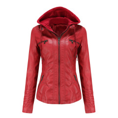 detachable knitted hood women PU jacket zipper pocket polish faux leather autumn outerwear
