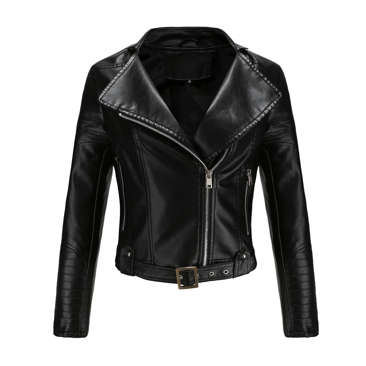 cropped adjustable waist women bike jacket full zipper faux leather PU jacket